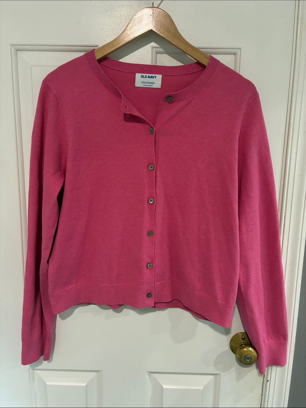 Old Navy Women's Bright Pink Button-Up Crewneck Cardigan